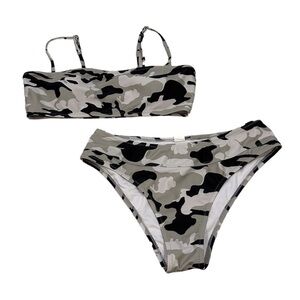 Gray Camo Bandeau Top and High Waisted Bottom Bikini, Size S